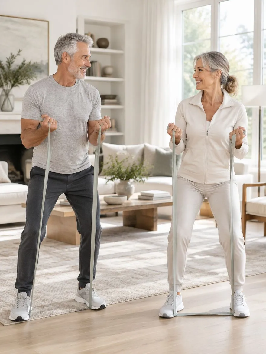Un couple de seniors fait des exercices debout dans son salon
