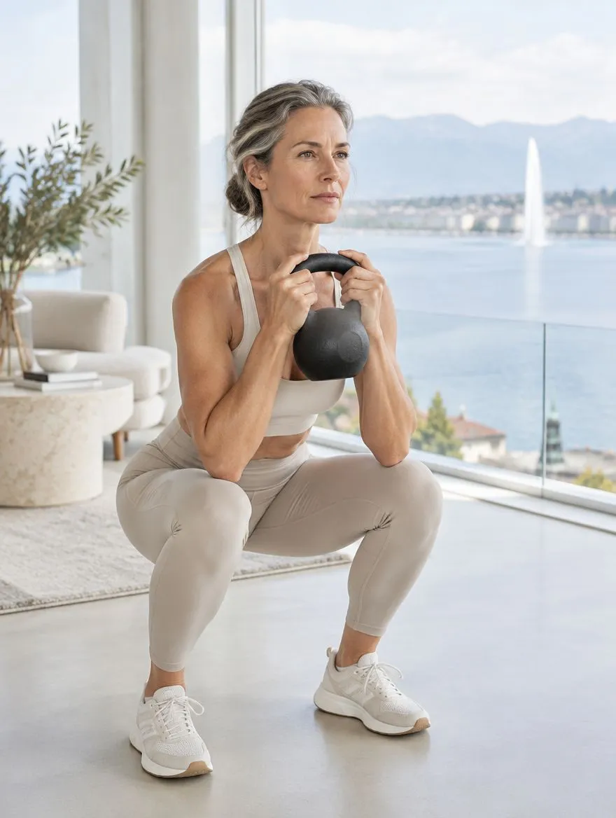 Une femme d’une cinquantaine d’années tient un kettlebell, dans un salon lumineux face au lac