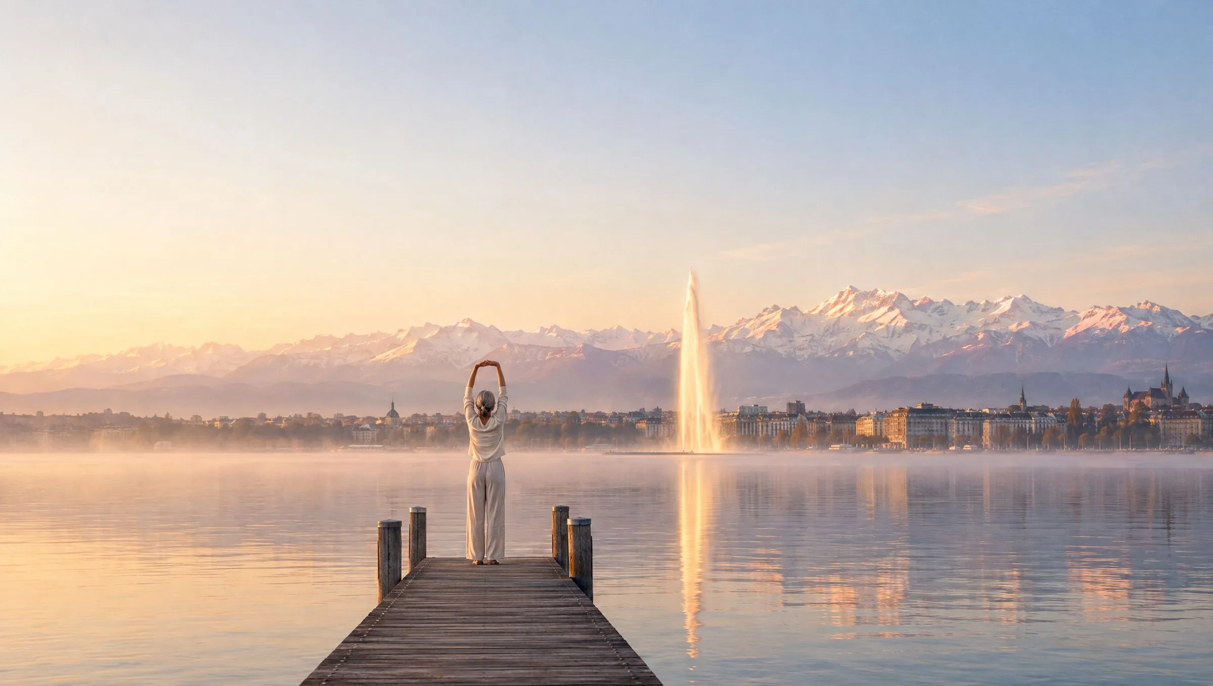 Une femme salue le lever du soleil sur un ponton du Léman, face au jet d’eau et aux Alpes