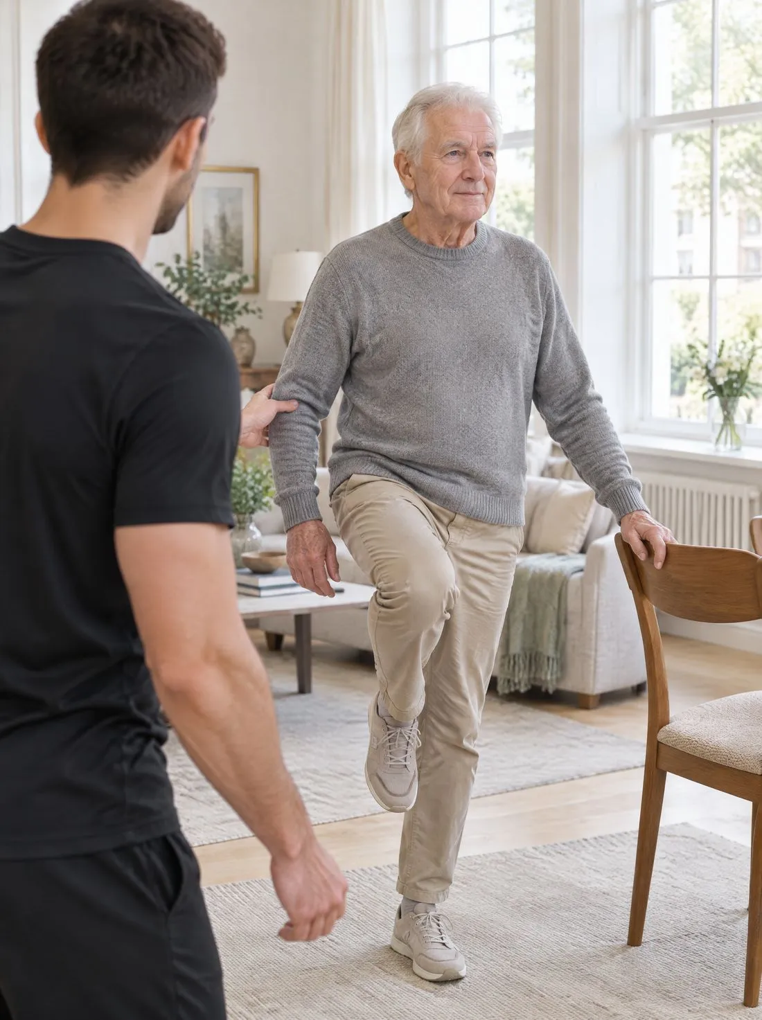 Un homme âgé travaille son équilibre sur une jambe dans son salon, accompagné par son coach