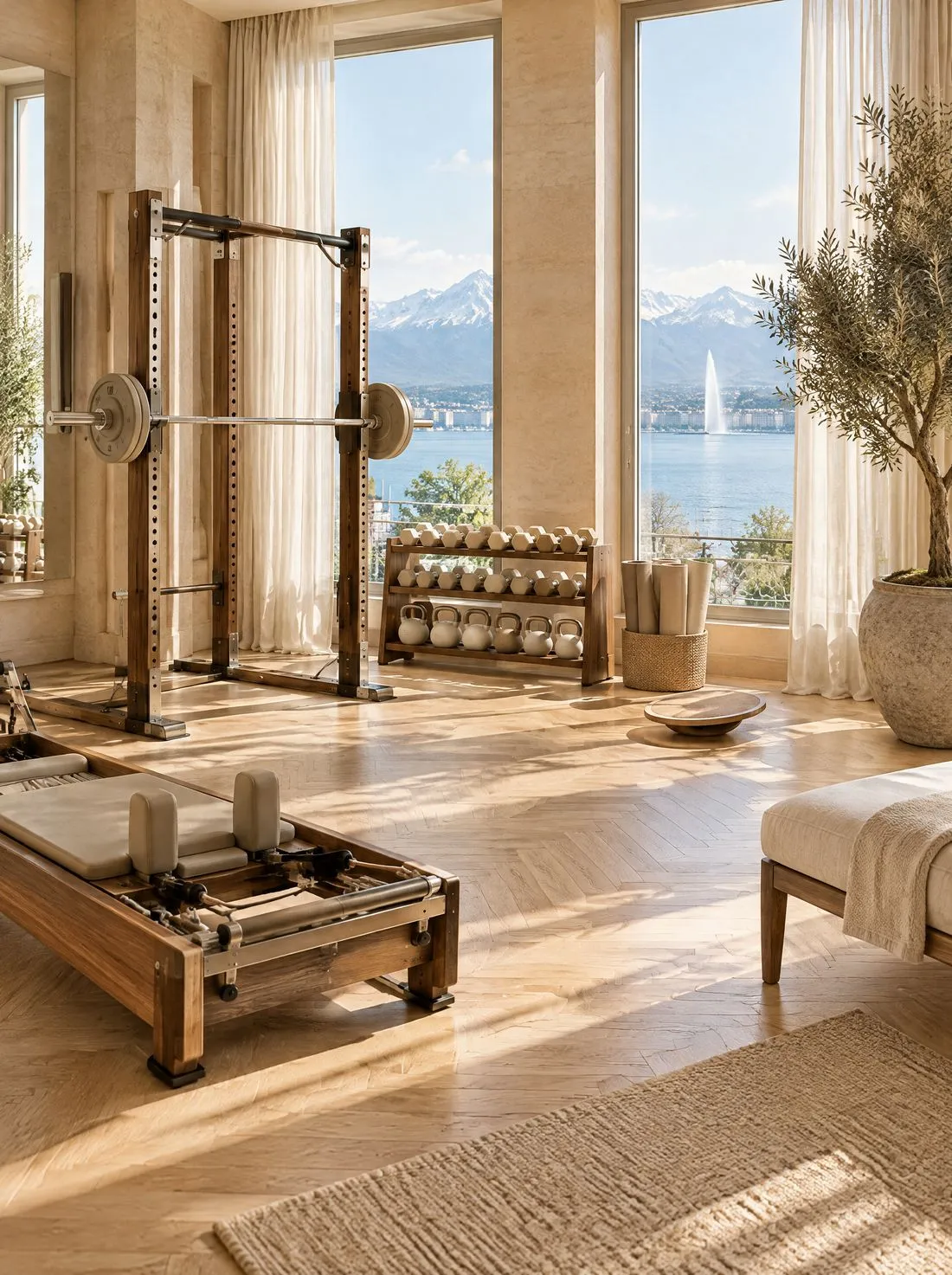 Un studio d’entraînement calme et lumineux, avec haltères et vue sur le lac